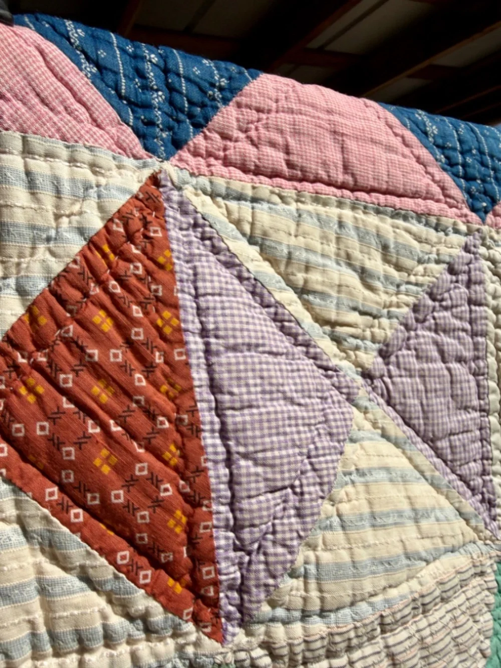 Vintage 1950s Patchwork Quilt 62 x 82, Handmade Hand Quilted Diamond Quilt